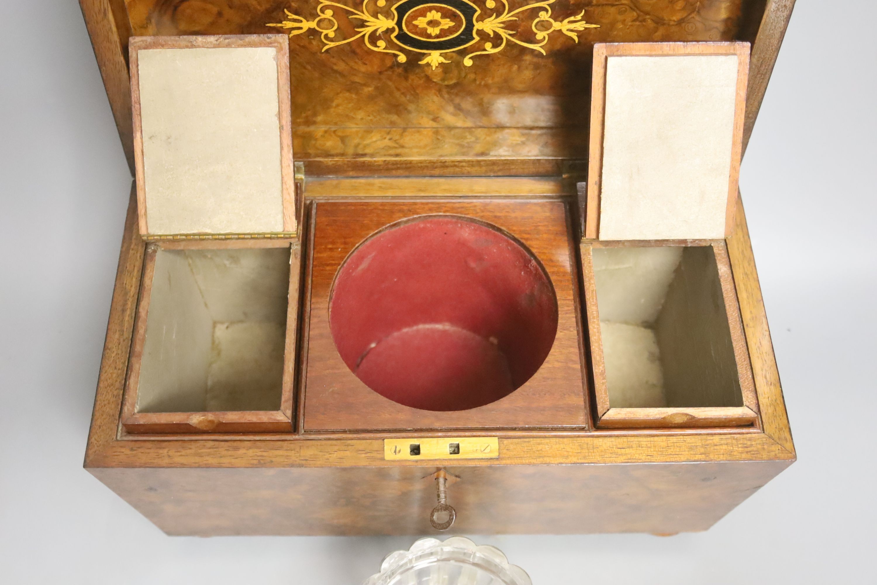 A Victorian burr walnut veneered tea caddy, H 21cm, 31 x 16cm, together with a George III mahogany tea caddy (2)